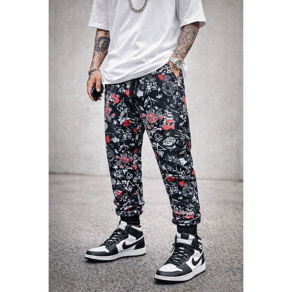 Fresh Prints of Bel-Air Joggers Graphic Rose Snake Skull Graffiti Black Large